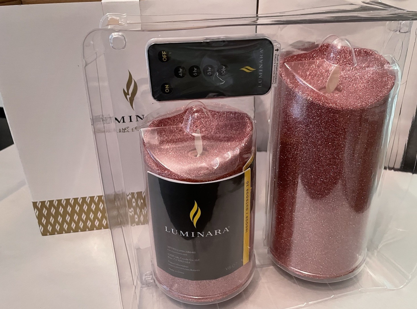 Luminara Flameless 5″ & 7″ Pink Glitter 2 pack Candle Set Timers and one remote