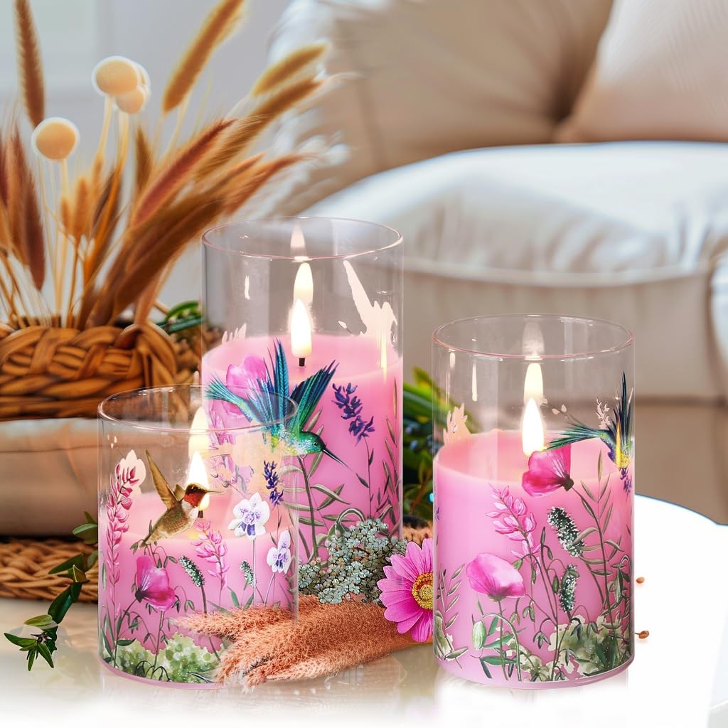 Eywamage Pink Hummingbird Floral Glass Flameless Candles with 3,