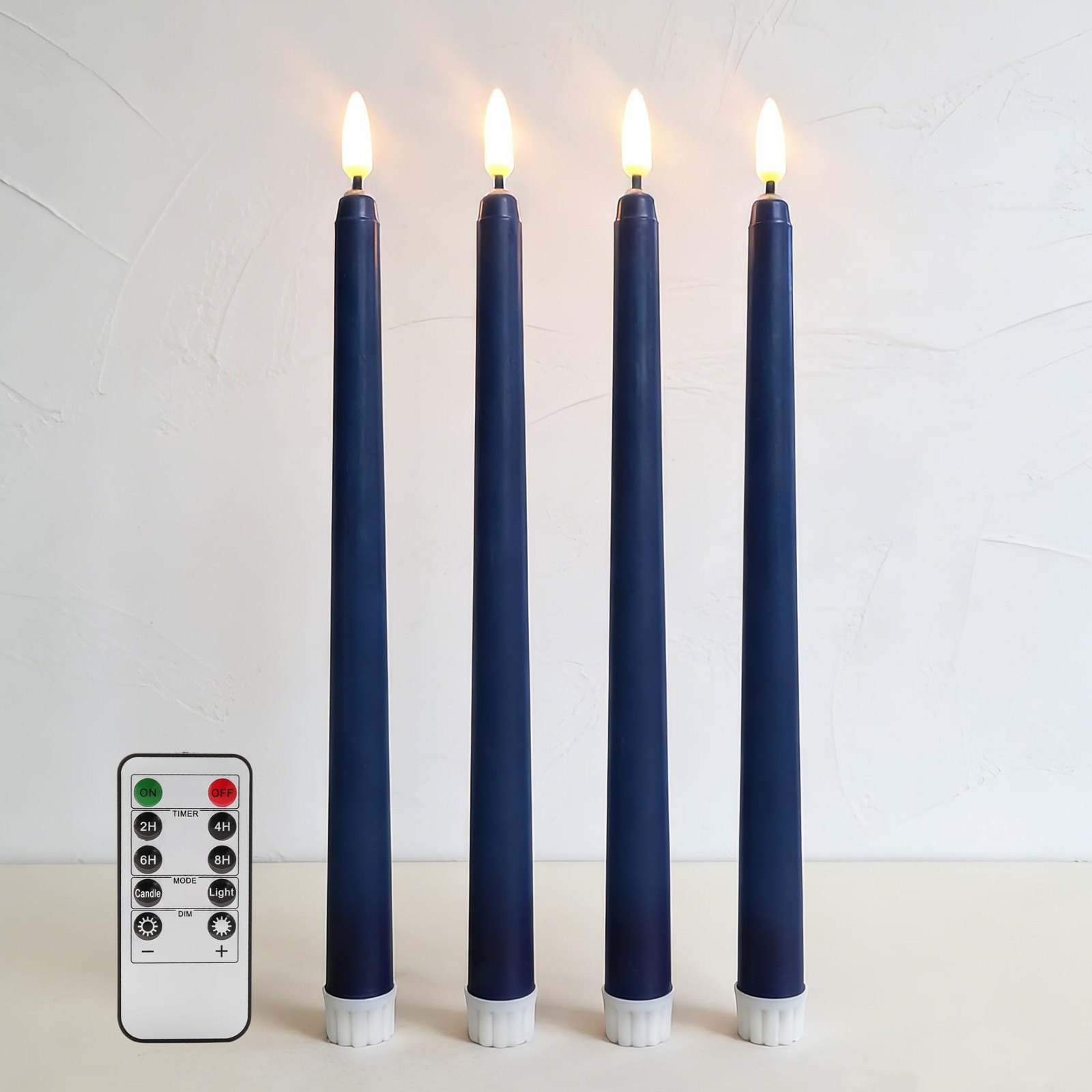 Flameless Taper Candles Set of 4, 11″ Navy Blue, Remote Timer, Flickering