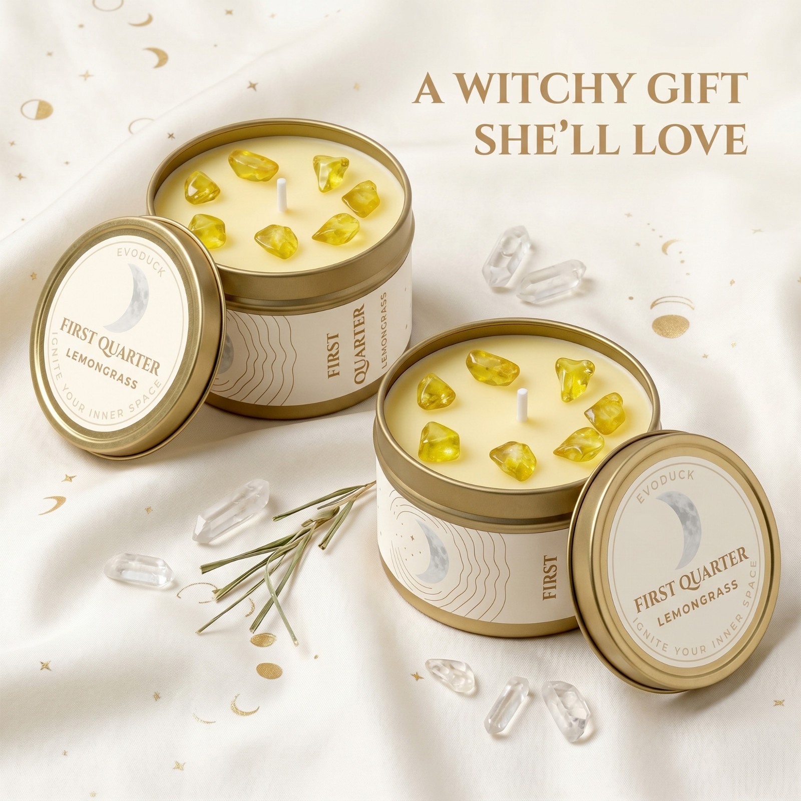 2 Pack Waxing Moon Candle Crystal Soy Manifestation Witchy Celestial Ritual Gift