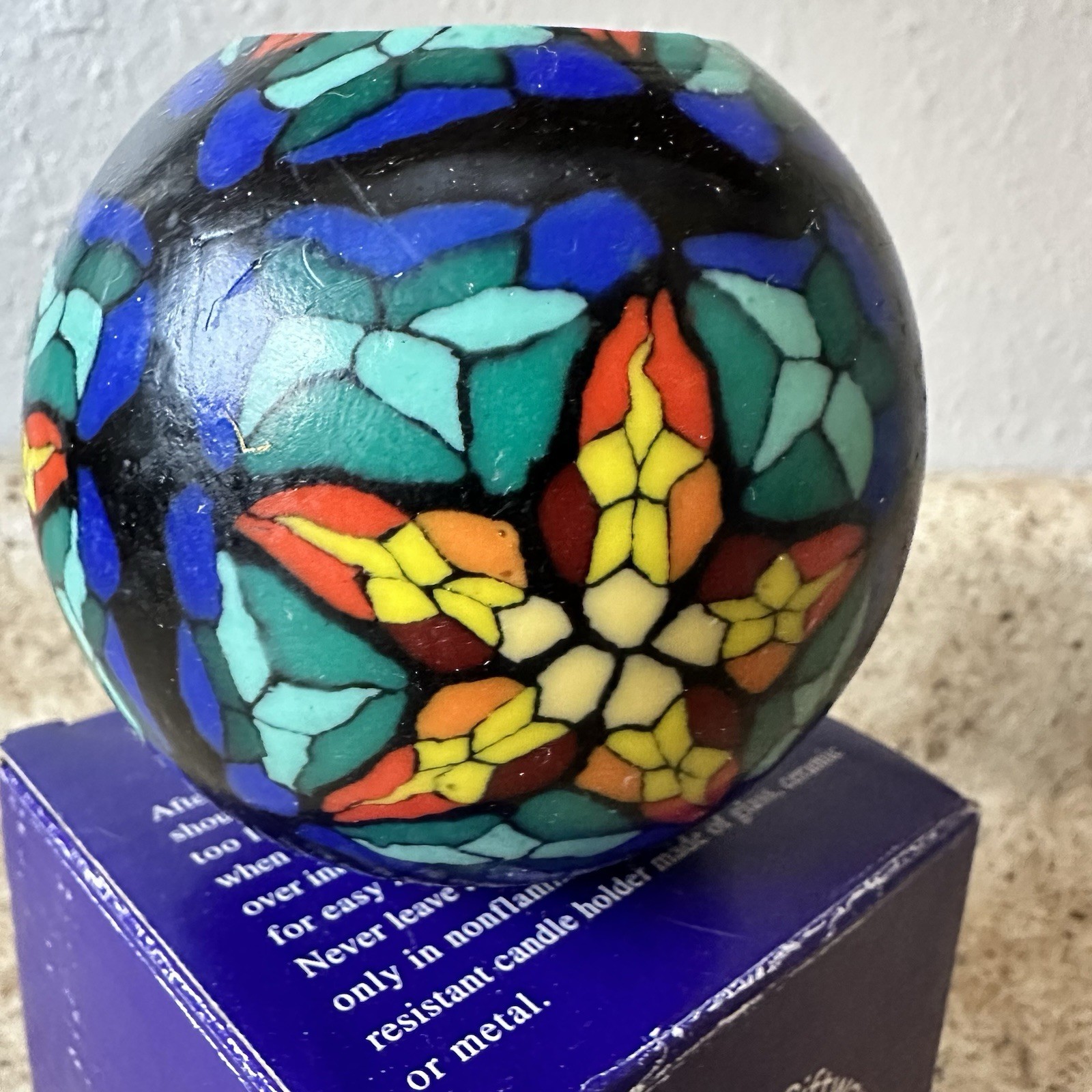 VTG 90s Candle Round Glowing Ball Star Stained Glass Millefiori Mosaic With Box