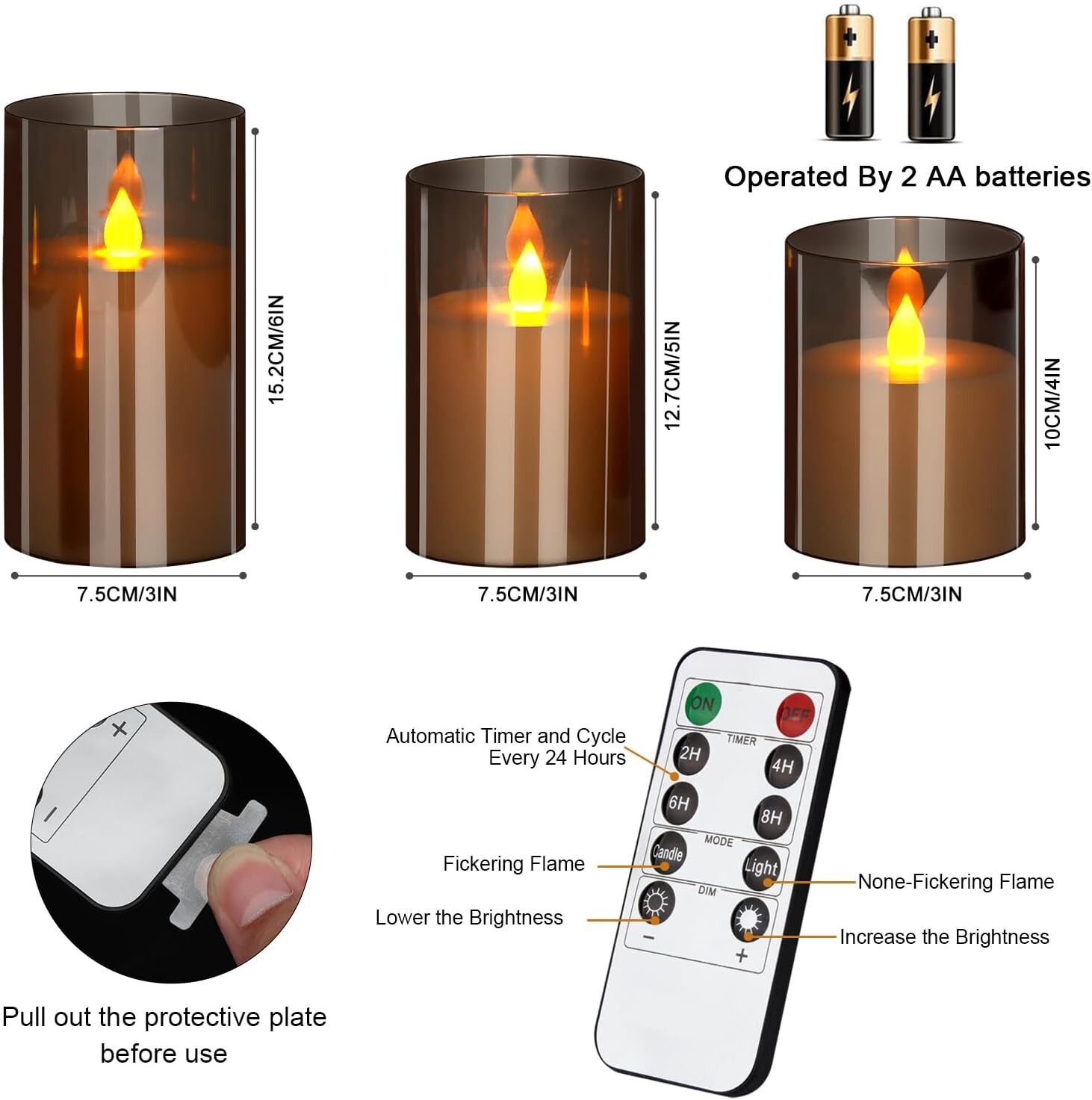 Set of 3 Gray Flameless Candles – Flickering LED with Remote & Timer Decor