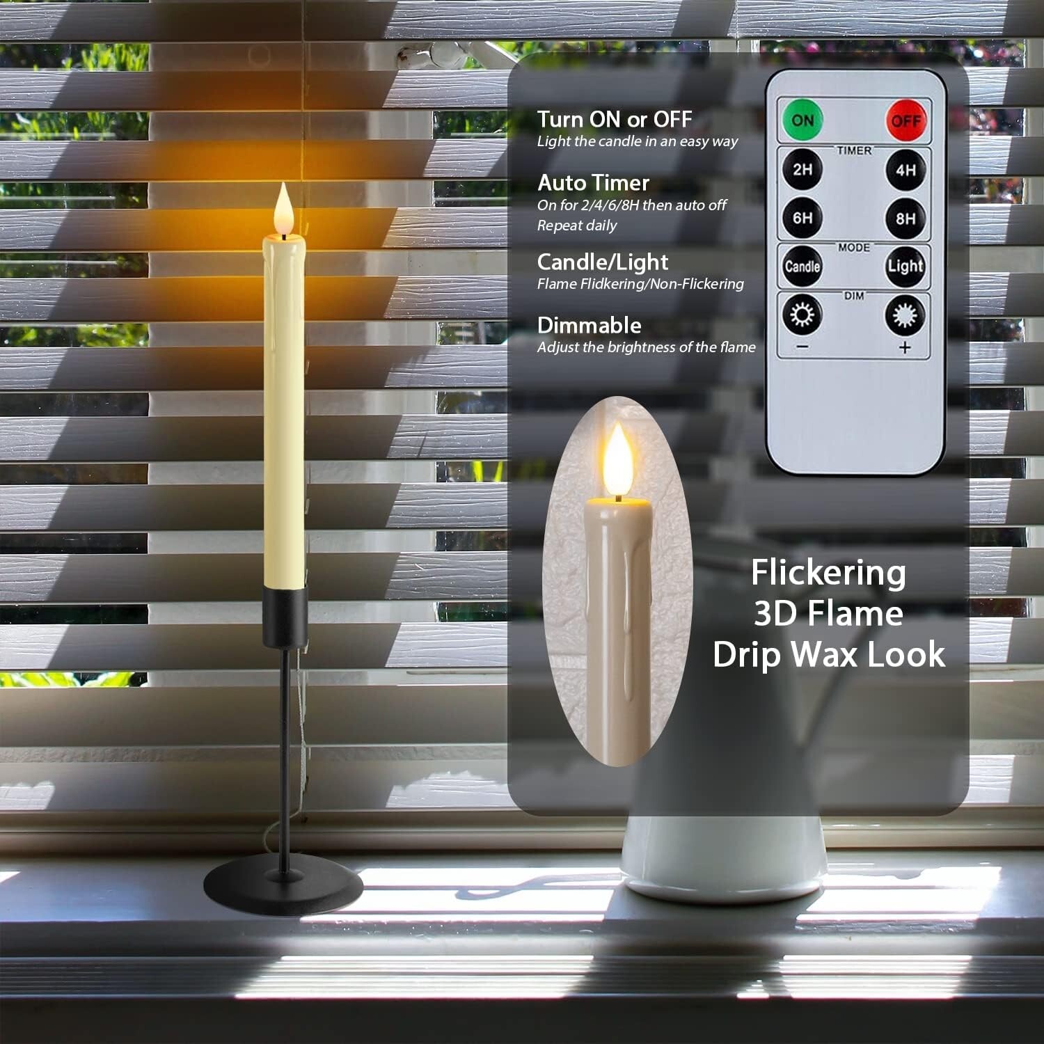 Battery Powered Flickering Flameless Taper LED Candles Light Remote Control