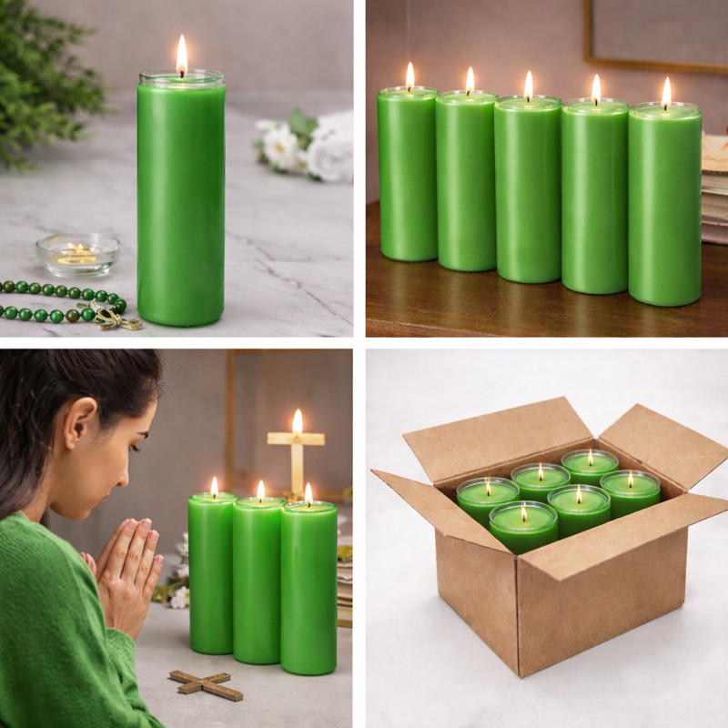 6 Pack Green 7 Day Prayer Candles in Glass Jars Unscented Long Burning Vigil