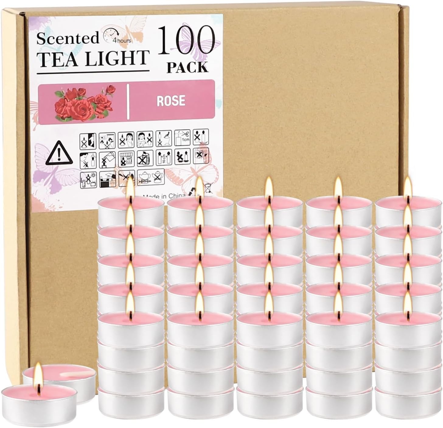 Pink Rose Scented Tea Light Candles Bulk 100 Pack Long Lasting Indoor Decor