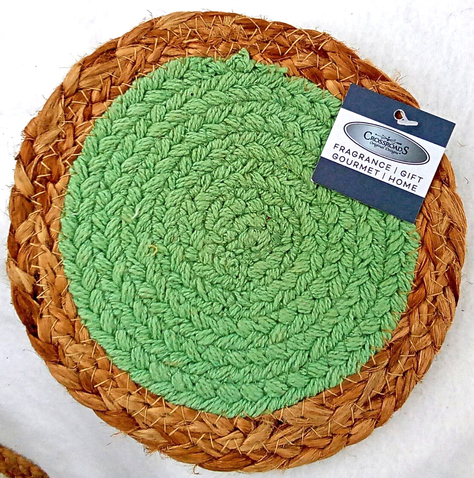 Jute Candle Mat Pad Green Cotton Fabric Crossroads Round India Tan Stitched 6.5″