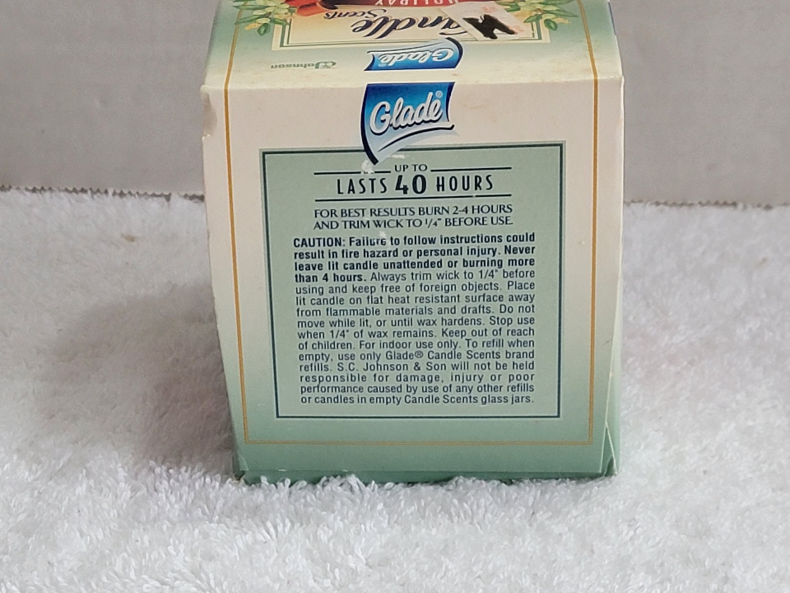 NEW Vintage 1998 GLADE Bayberry Candle One 7.5oz. Lasts 40 Hours Made in Canada