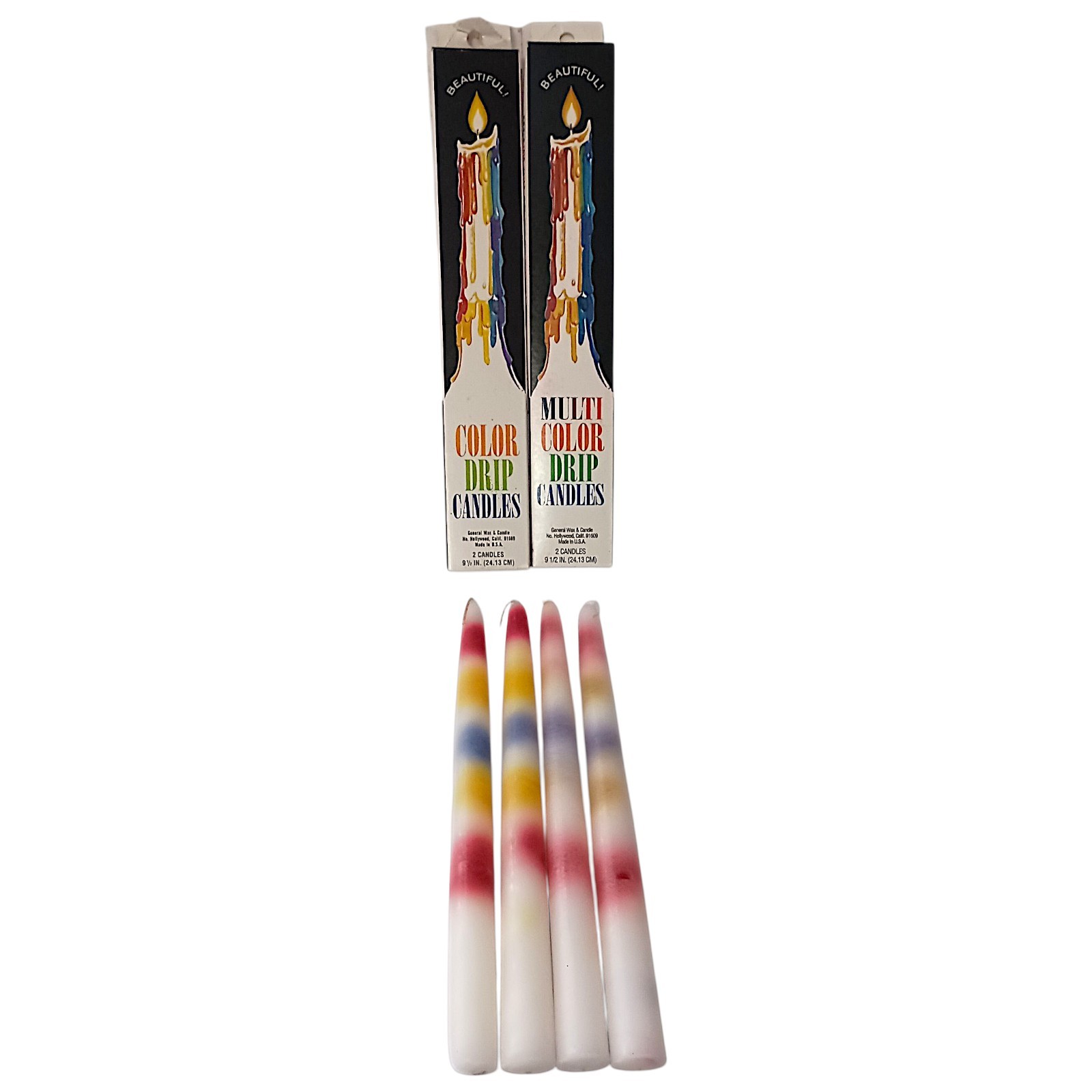 4 Vtg Color Drip Candles Wine Bottle Decor Multicolor NEW 2 In Each Box 70s 9.5″