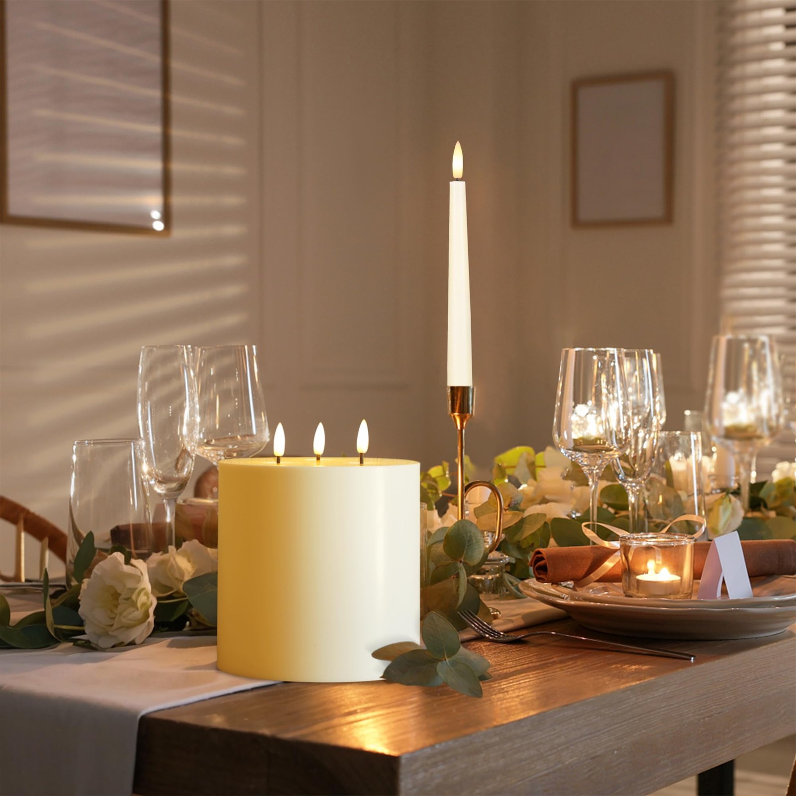 SEHNSY Ivory 6″ x 6″ Large Outdoor Waterproof Flameless Candle 3 Wick Plastic