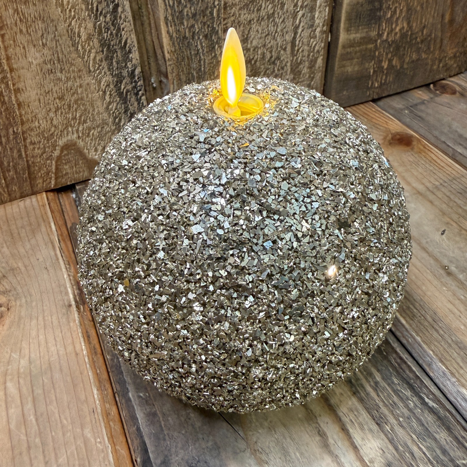 POTTERY BARN FLICKERING FLAMELESS CANDLE GOLD GLITTER ORNAMENT MED 5.5″ HOLIDAY