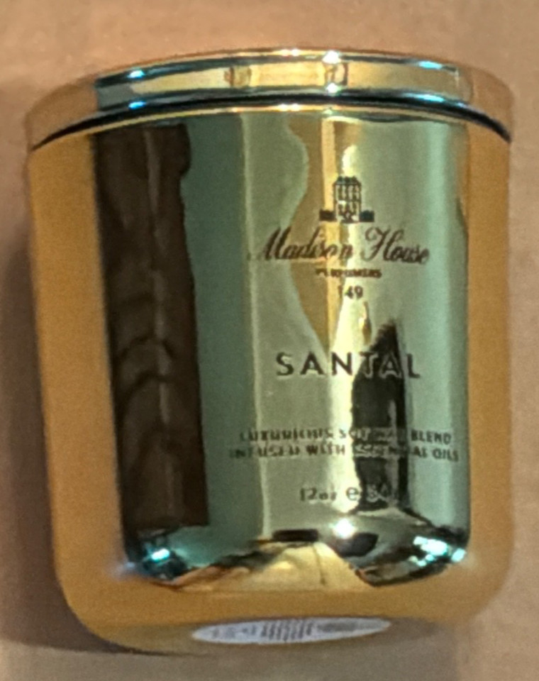 NEW Madison House SANTAL Scented 2-Wick Candle 12 oz Gold Metallic Soy Wax Blend