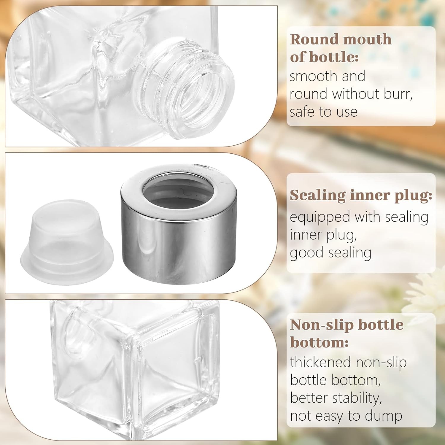 10 Set Square Glass Diffuser Bottles with Silver Caps Refillable Cap
