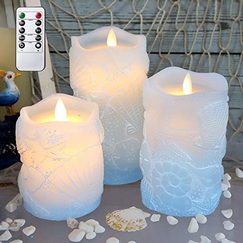 Ocean Blue Flameless Candles Flickering Wick Real Wax Shell LED Candles with Rem