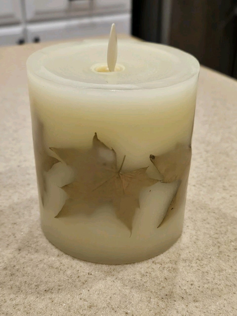 RARE LUMINARA FLAMELESS MOVING WICK FARMHOUSE MODERN RUSTIC LEAF PILLAR CANDLE