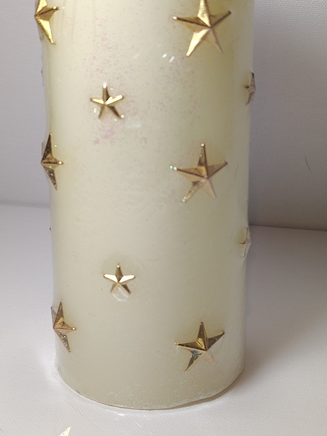 Vintage “A Touch of Gold” Wax Pillar Candle Glitter Cream Gold Stars 6.25″ New