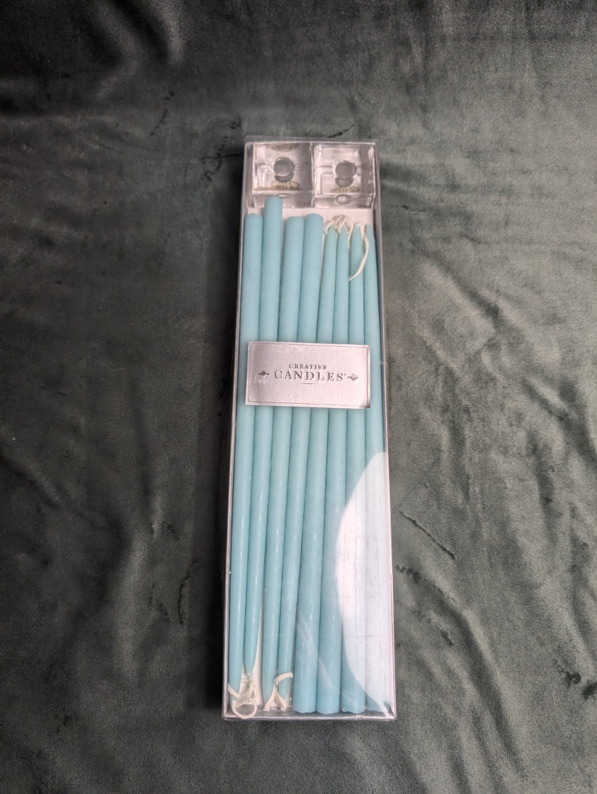 Creative Candles Vintage New in Box 8 Blue Tapers 12 x 1/2 + 2 Candle Holders