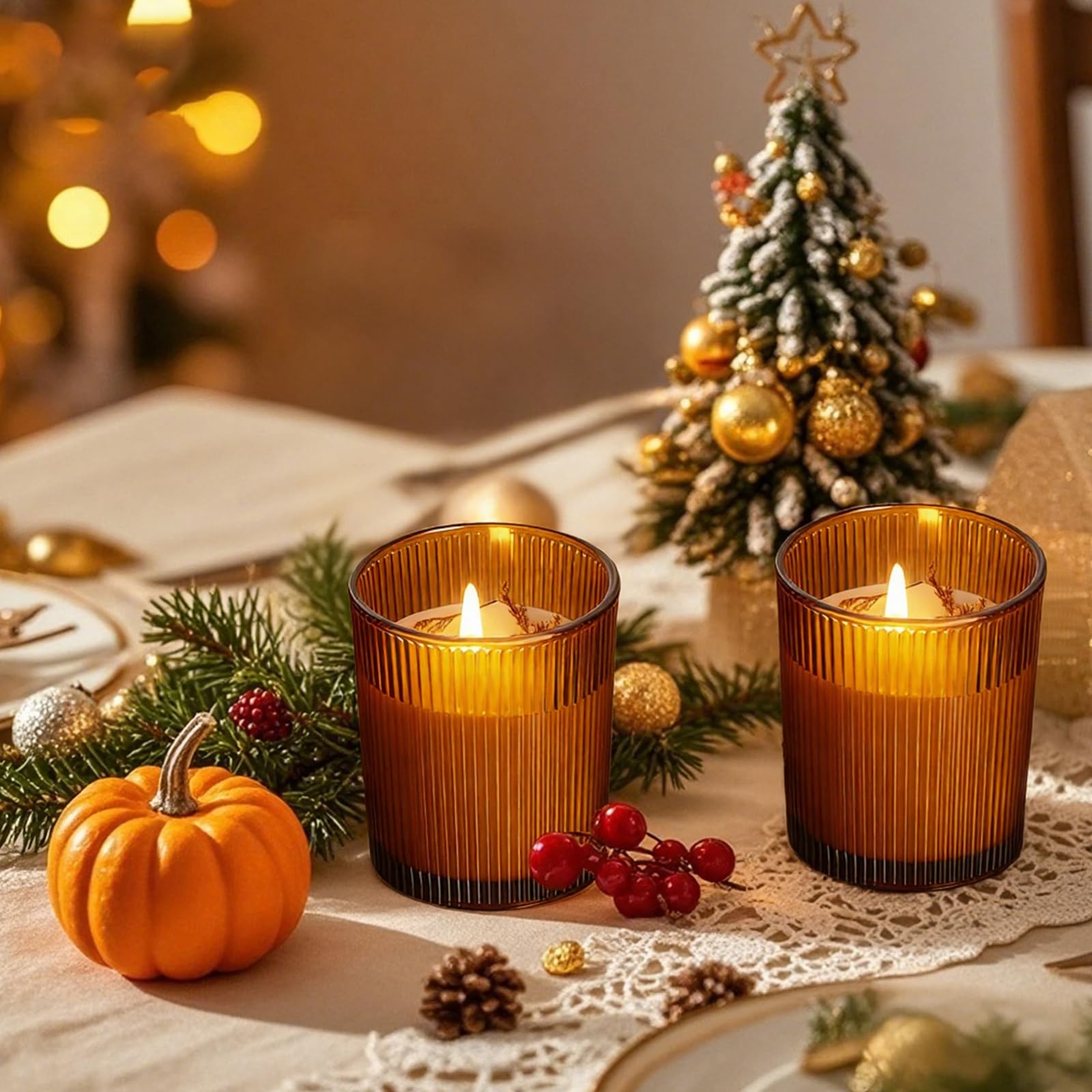 CONNOO 16pcs Ribbed Candle Glass Jars with Natural Bamboo Amber 7oz ribbed