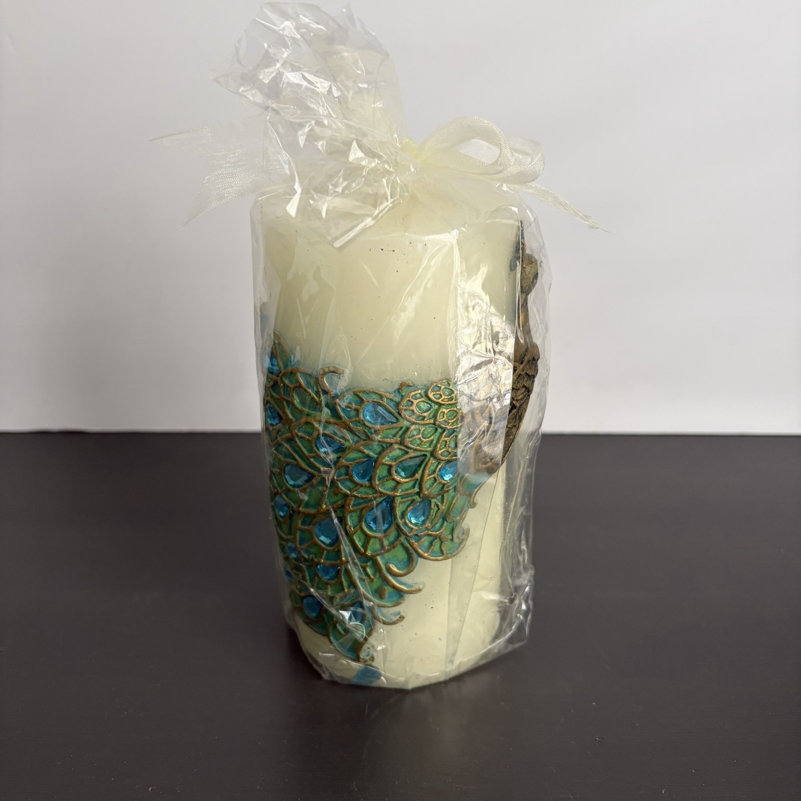 Pier One Peacock Candle Unscented Pillar 6 in Jeweled Feathers Original Package