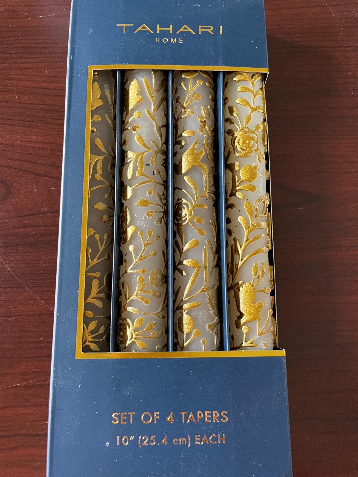 Tahari Home Taper Candles set of 4 New in box white w/gold floral patterns