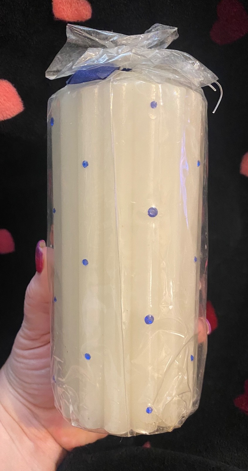 NIP Cream&Blue Bling Pillar Candle Bridal Jewel Vanilla Boho 6in Cotton Wick VTG