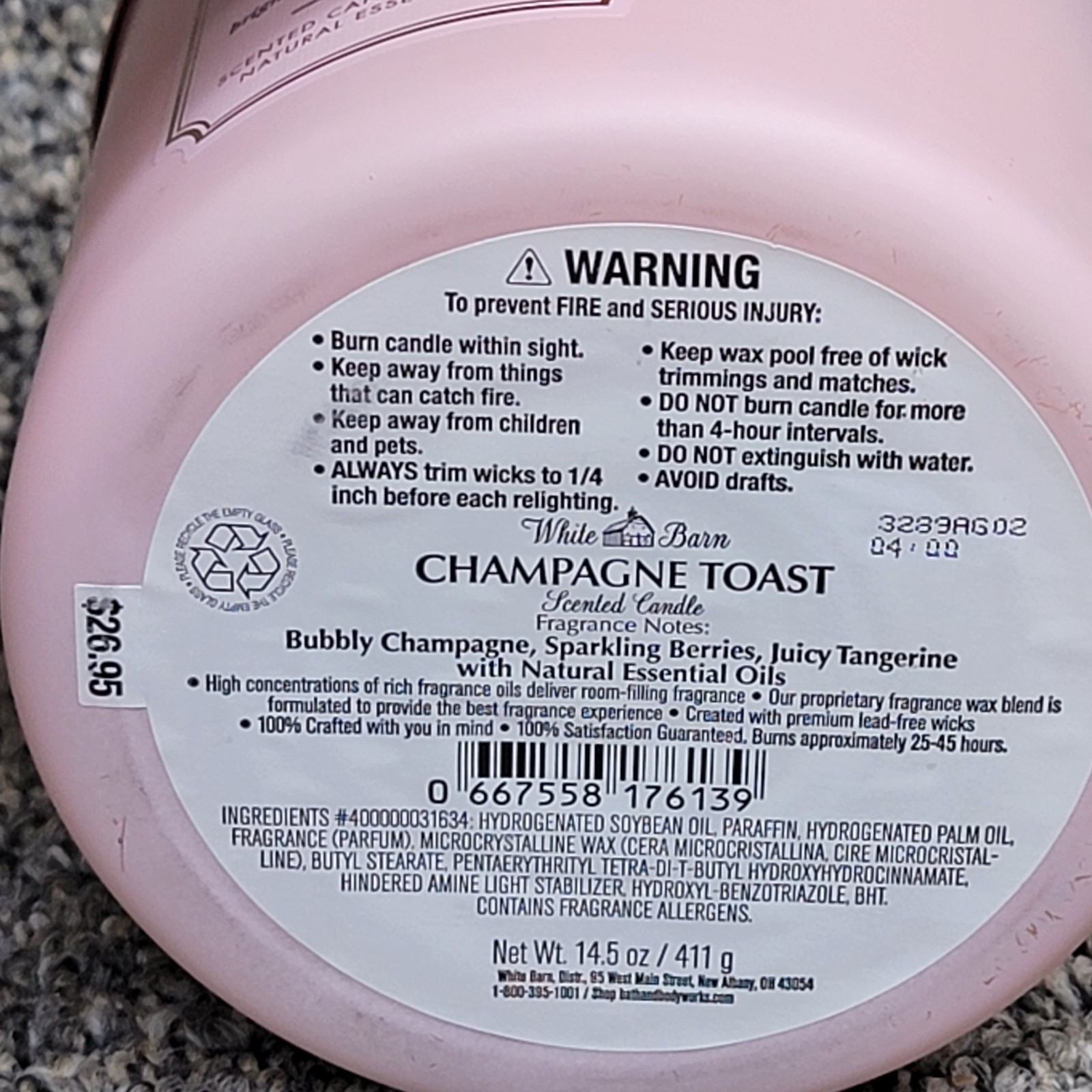 White Barn Champagne Toast Scented 3 Wick Candle Burns 25-45 Hrs 14.5oz