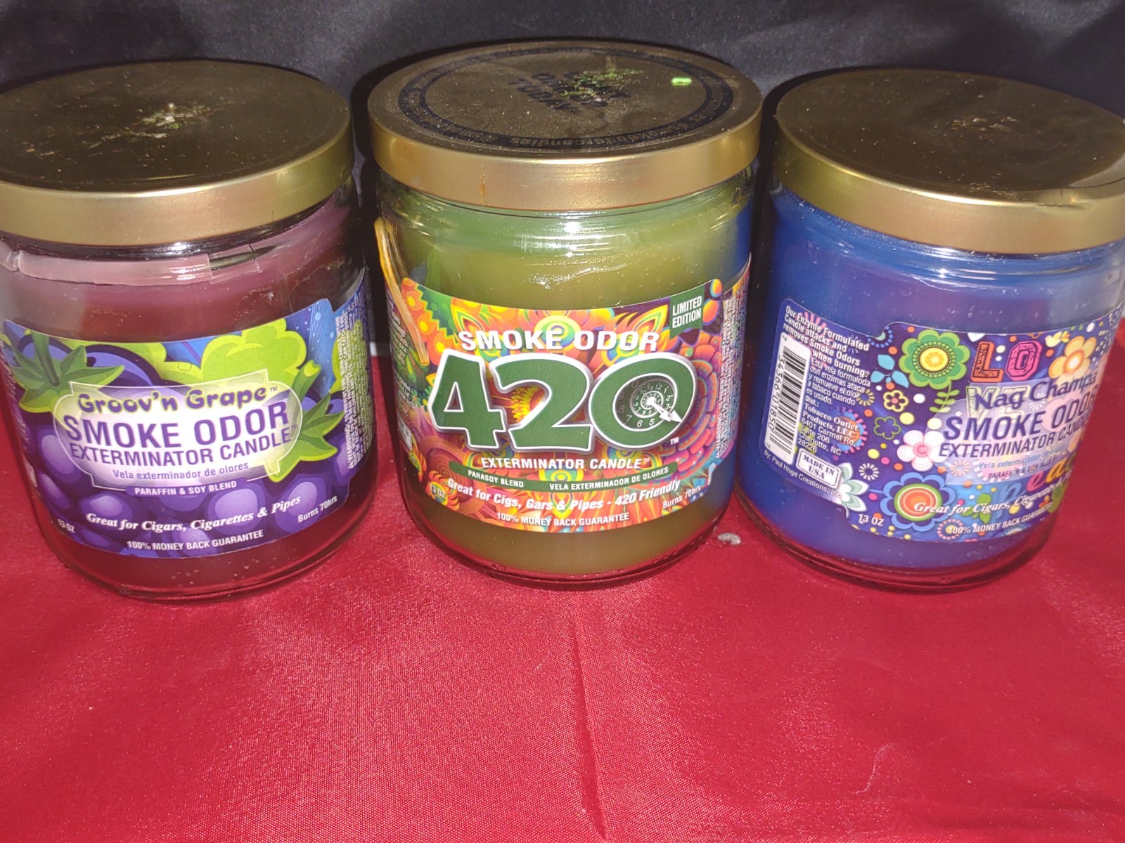 3x Jars Smoke Odor Exterminator Candle 13oz Set of Three Grape 420 & Nag Champa