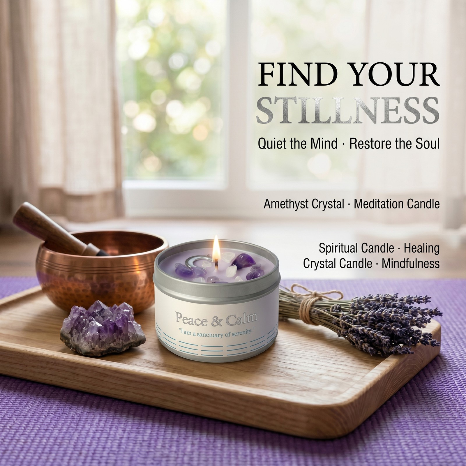 1 Pack EVODUCK Peace Crystal Candle Amethyst Stress Relief Meditation 3 oz