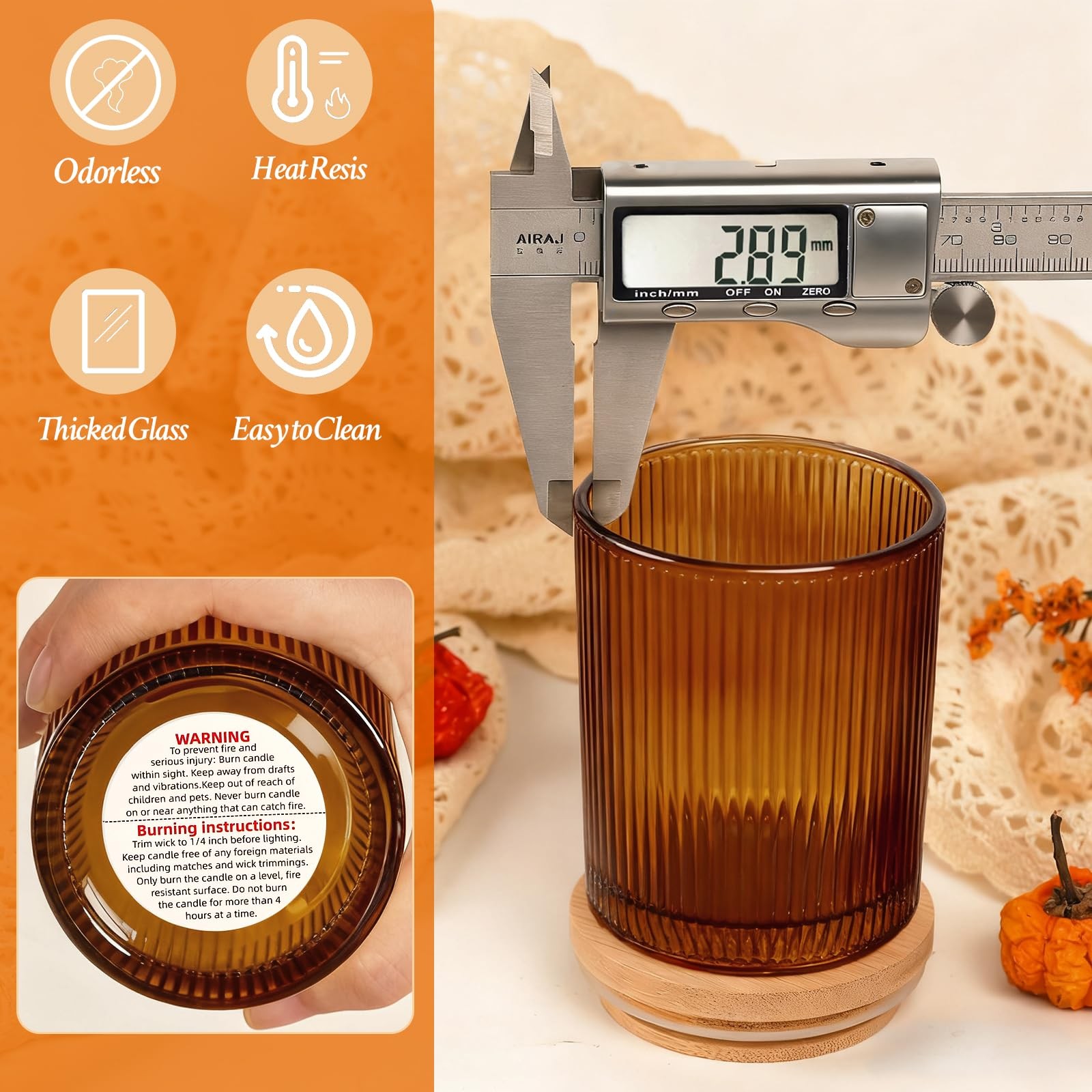 CONNOO 16pcs Ribbed Candle Glass Jars with Natural Bamboo Amber 7oz ribbed