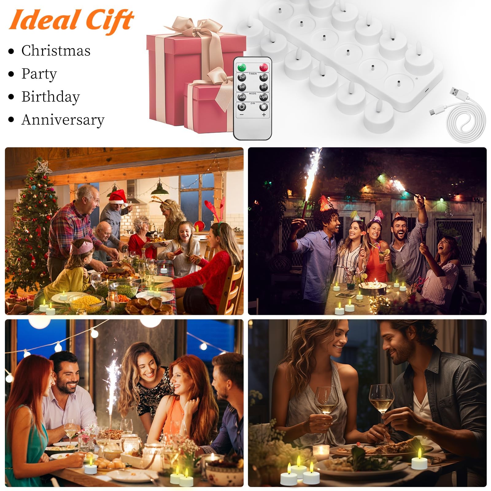 12PCS Rechargeable Tea Lights Candles with Remote & Timer-2/4/6/8H