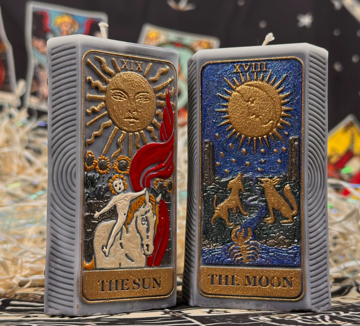 Sun & Moon Tarot Candle Set 2pc Hand Painted Arcanum XVIII XIX Witchy Decor Gift