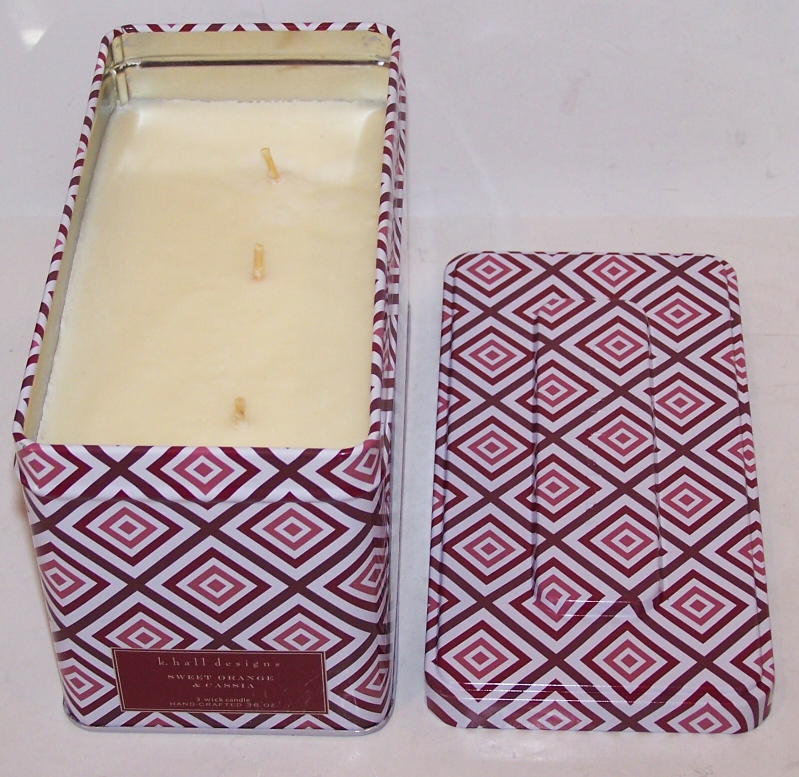K HALL DESIGNS HANDCRAFTED SWEET ORANGE & CASSIA 36oz 3-WICK CANDLE IN TIN