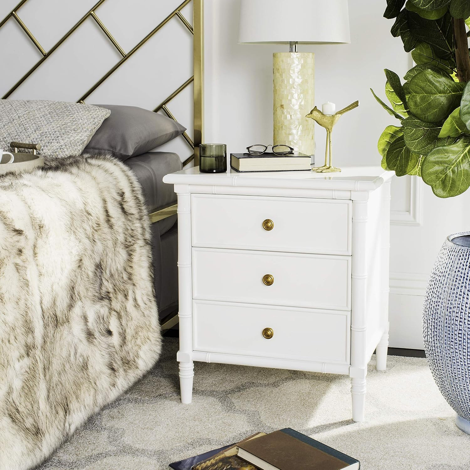Mina Modern Coastal Bamboo Nightstand with 3 Drawers – 25″ White Finish