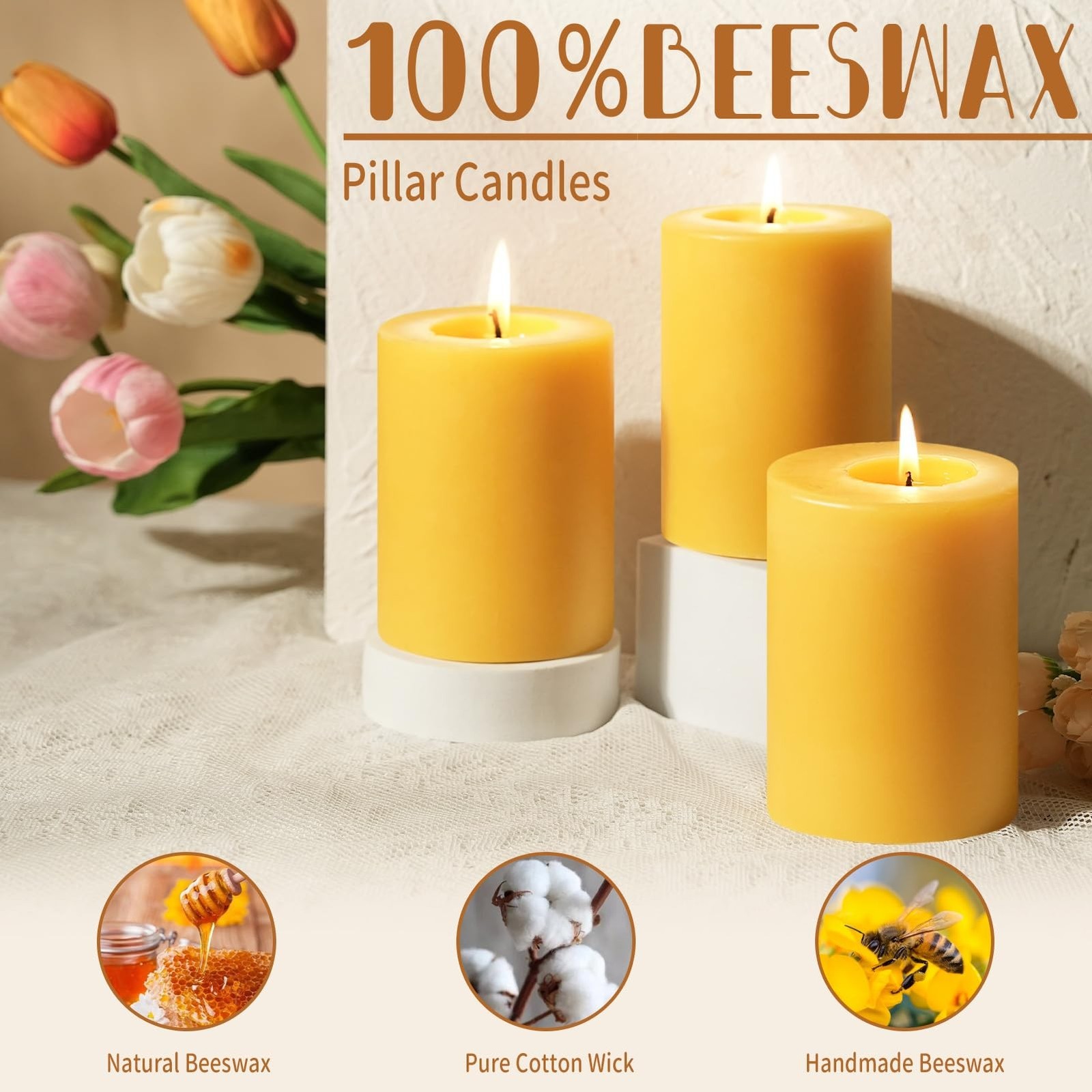 Capaniel Natural Beeswax Pillar Candles, 2 Pack, 3 x 4 Inch, 120 Hours Total