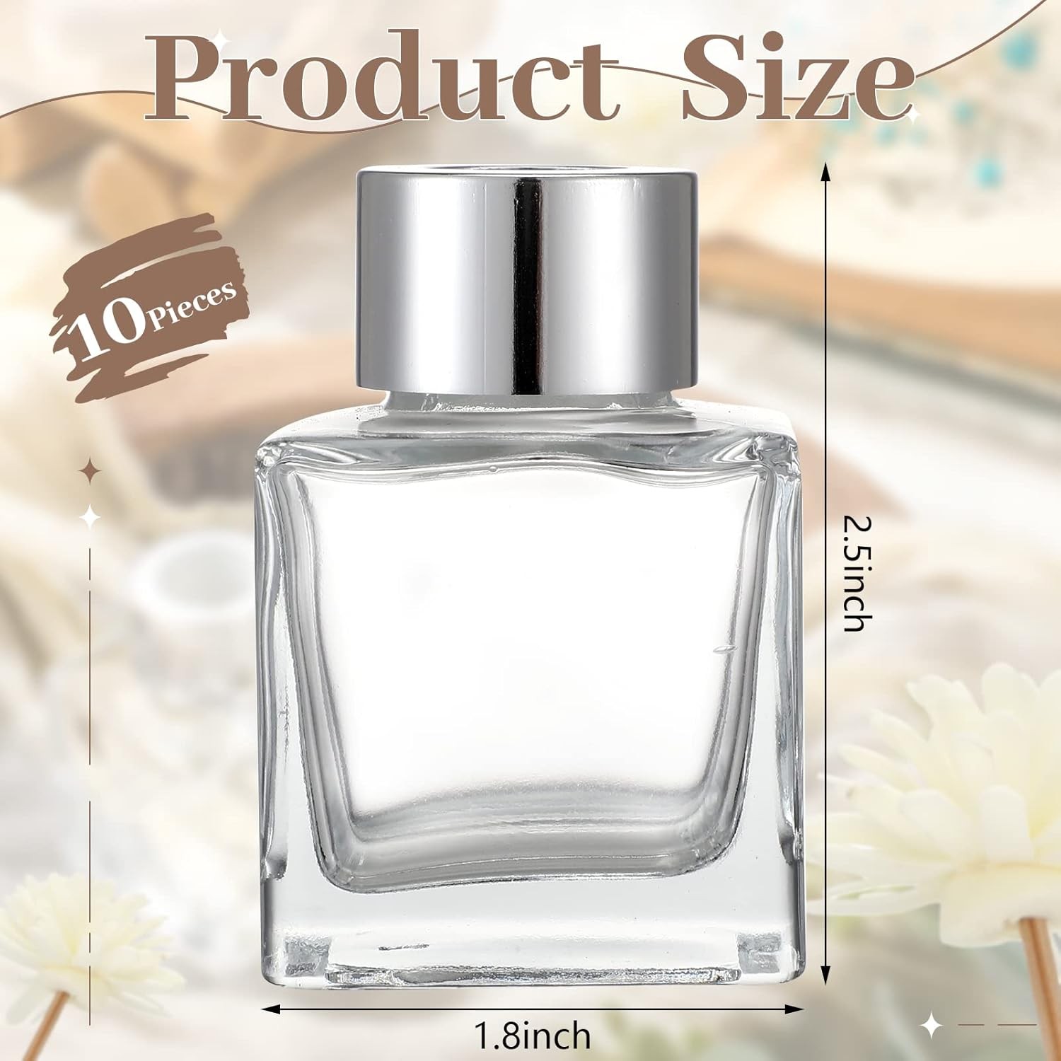 10 Set Square Glass Diffuser Bottles with Silver Caps Refillable Cap