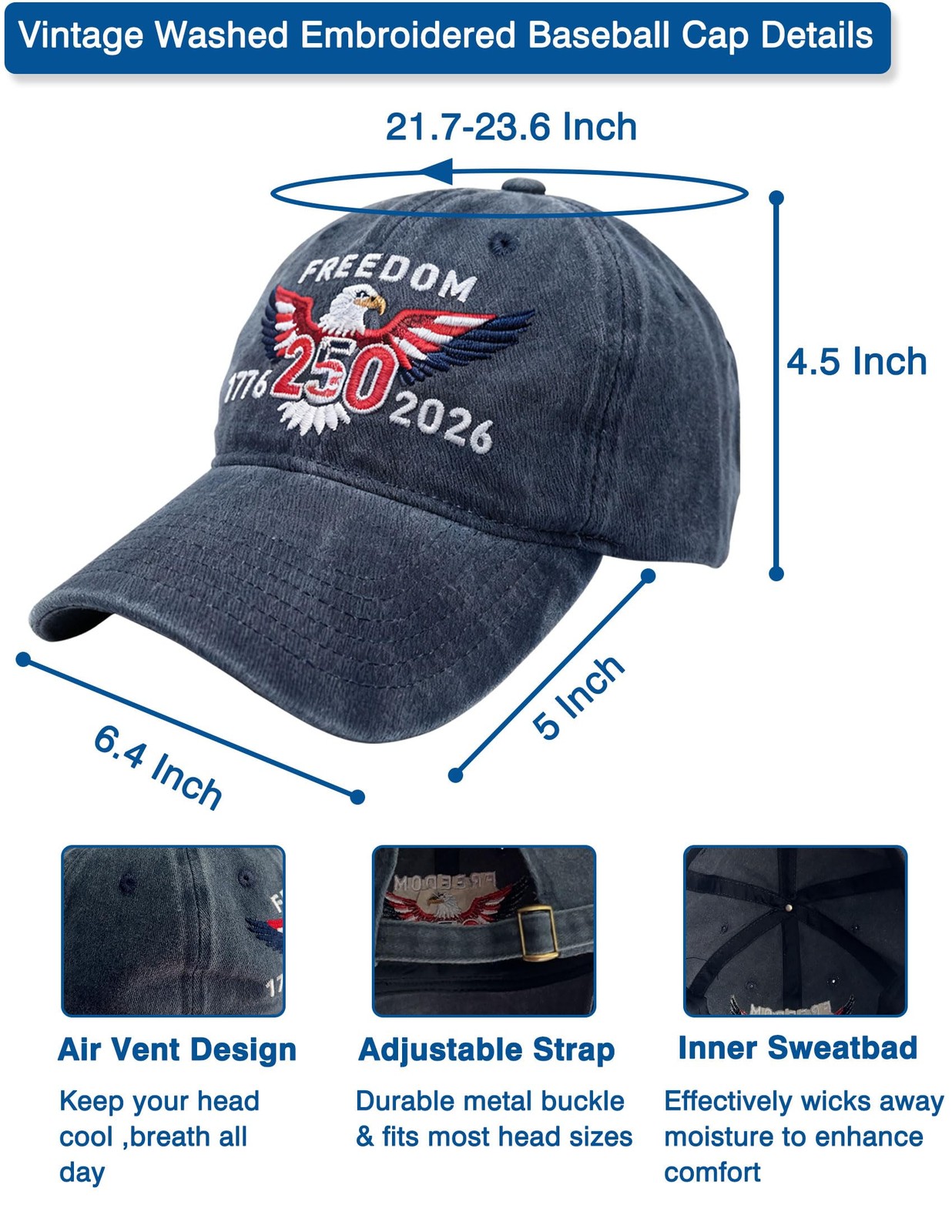 Patriotic American Baseball Cap Vintage Embroidered Eagle 250th Anniversary Unis