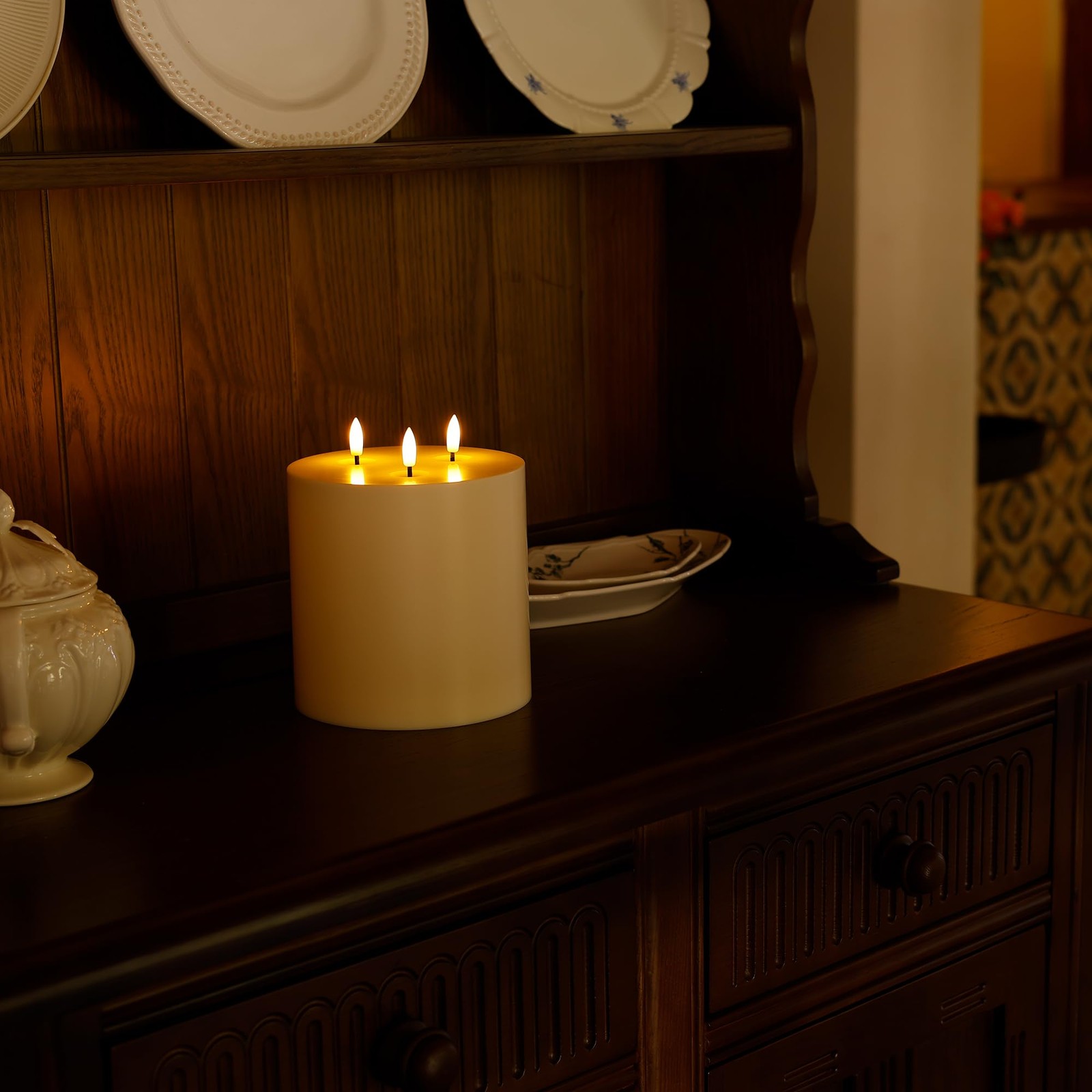 SEHNSY Ivory 6″ x 6″ Large Outdoor Waterproof Flameless Candle 3 Wick Plastic