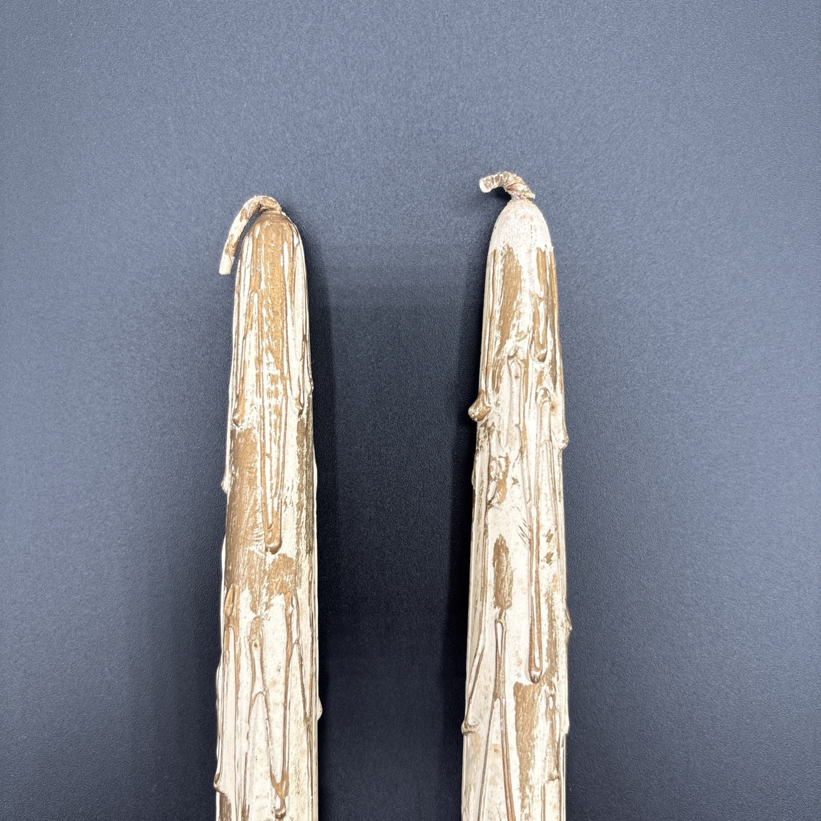 Vintage Pair of Wood Faux Drip Tapered Candles Cream and Gold Mid Century Modern