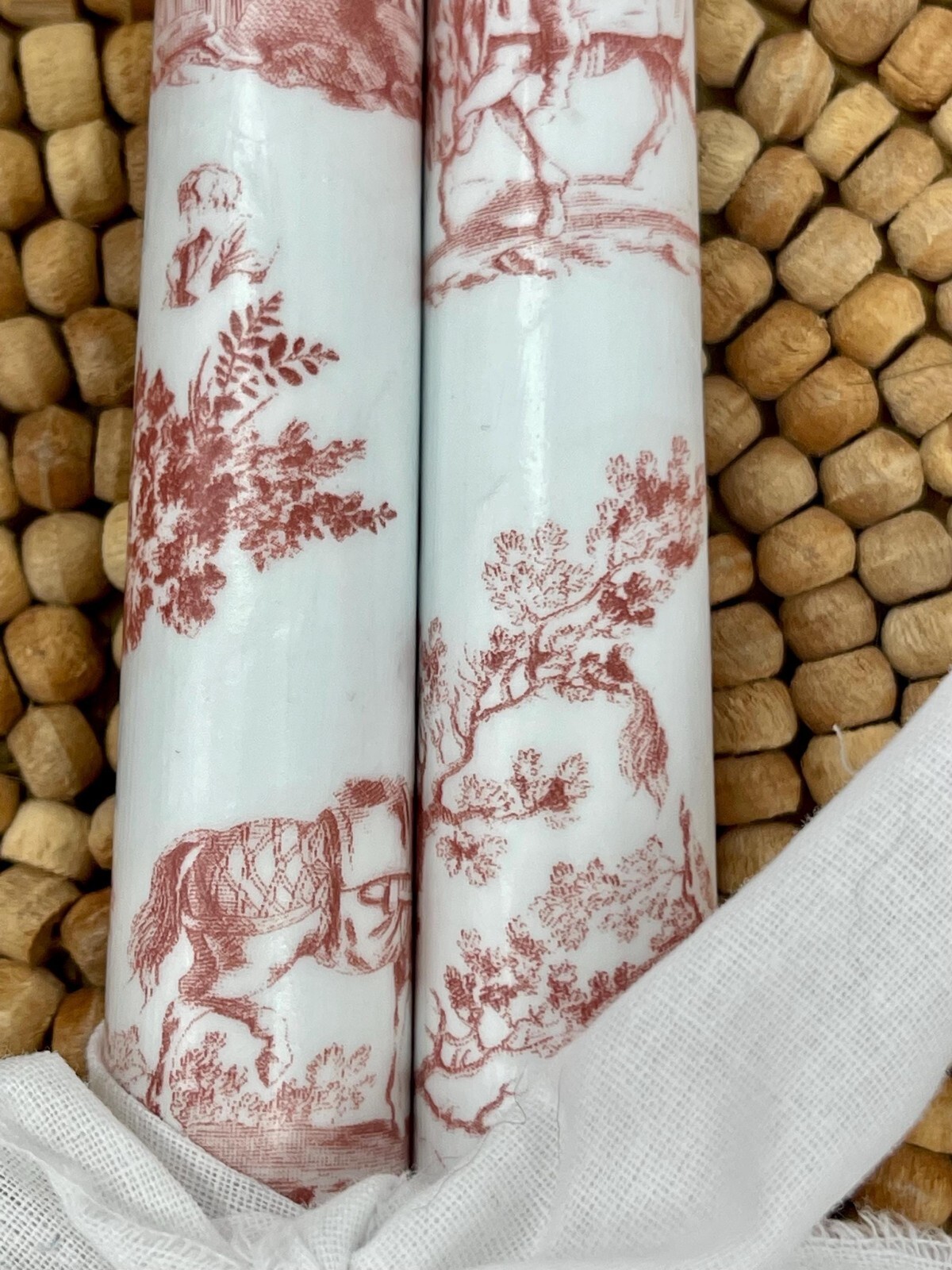 Traditional Reddish Brown Toile Taper Candles Set of Two Battery Operated