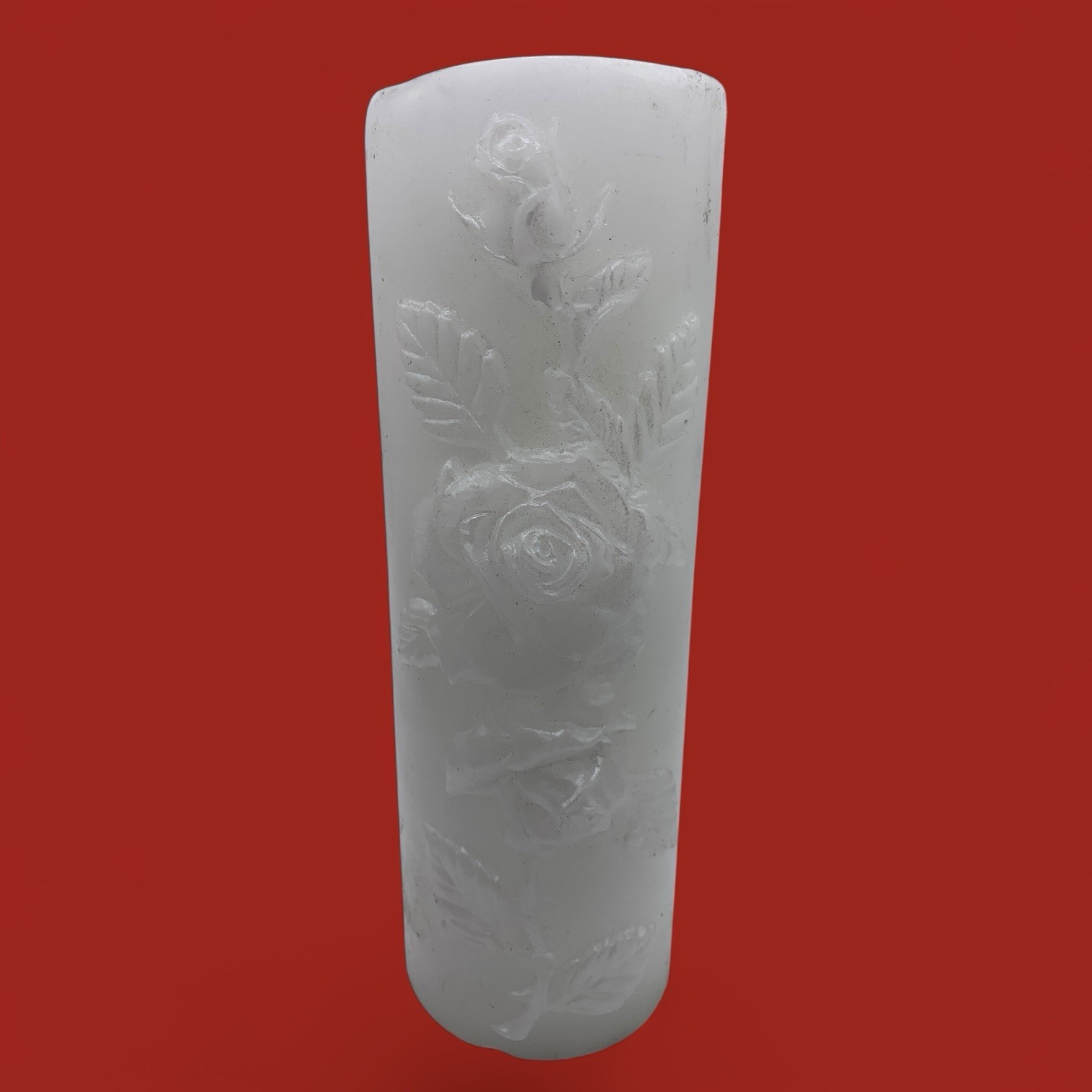 VTG White Embossed Rose Pillar Candle 9” Romantic Floral Decor Unscented Prayer