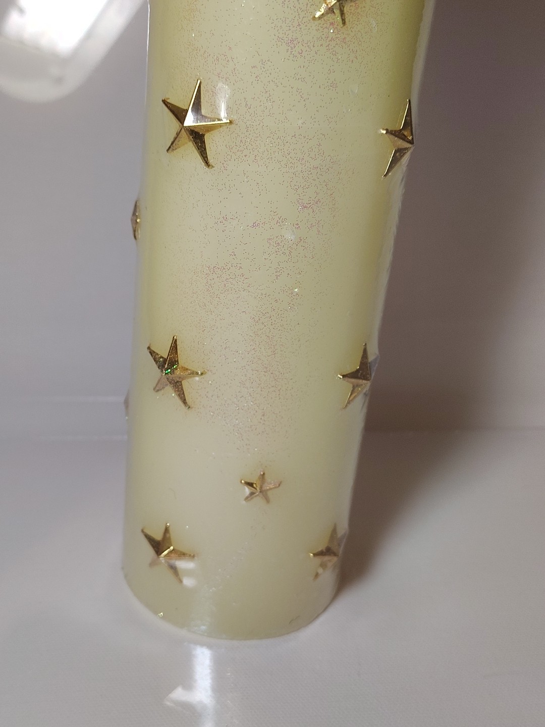 Vintage “A Touch of Gold” Wax Pillar Candle Glitter Cream Gold Stars 9.25″ New