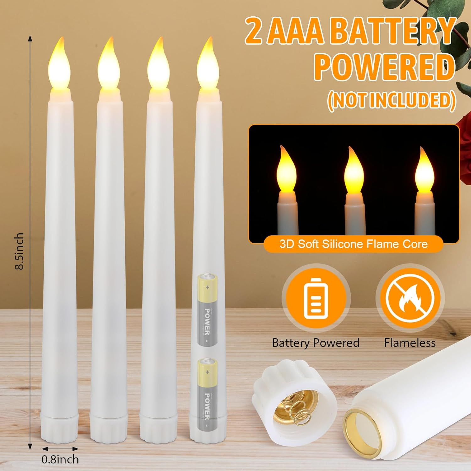 50 Pcs 8.5 Inch White LED Flameless Taper Candles Bulk Battery Operated Taper Ca