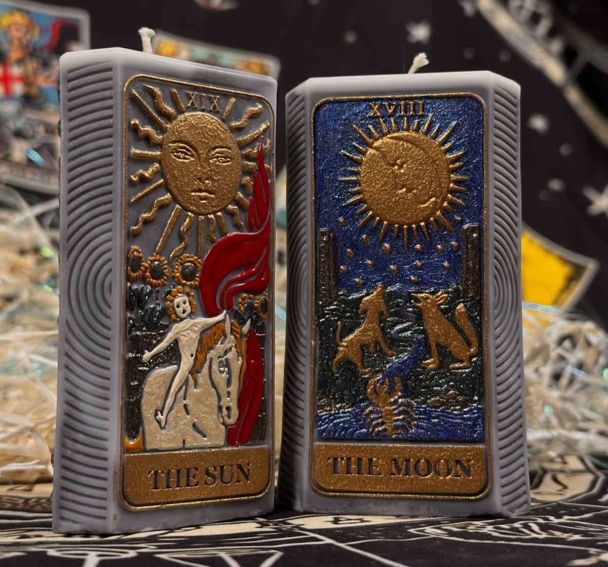 Sun & Moon Tarot Candle Set 2pc Hand Painted Arcanum XVIII XIX Witchy Decor Gift