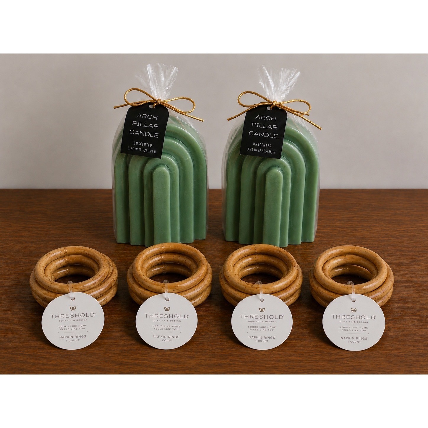 Threshold Lot Arch Pillar Candle Set of 2 and Set of 4 Napkin Rings Modern Decor