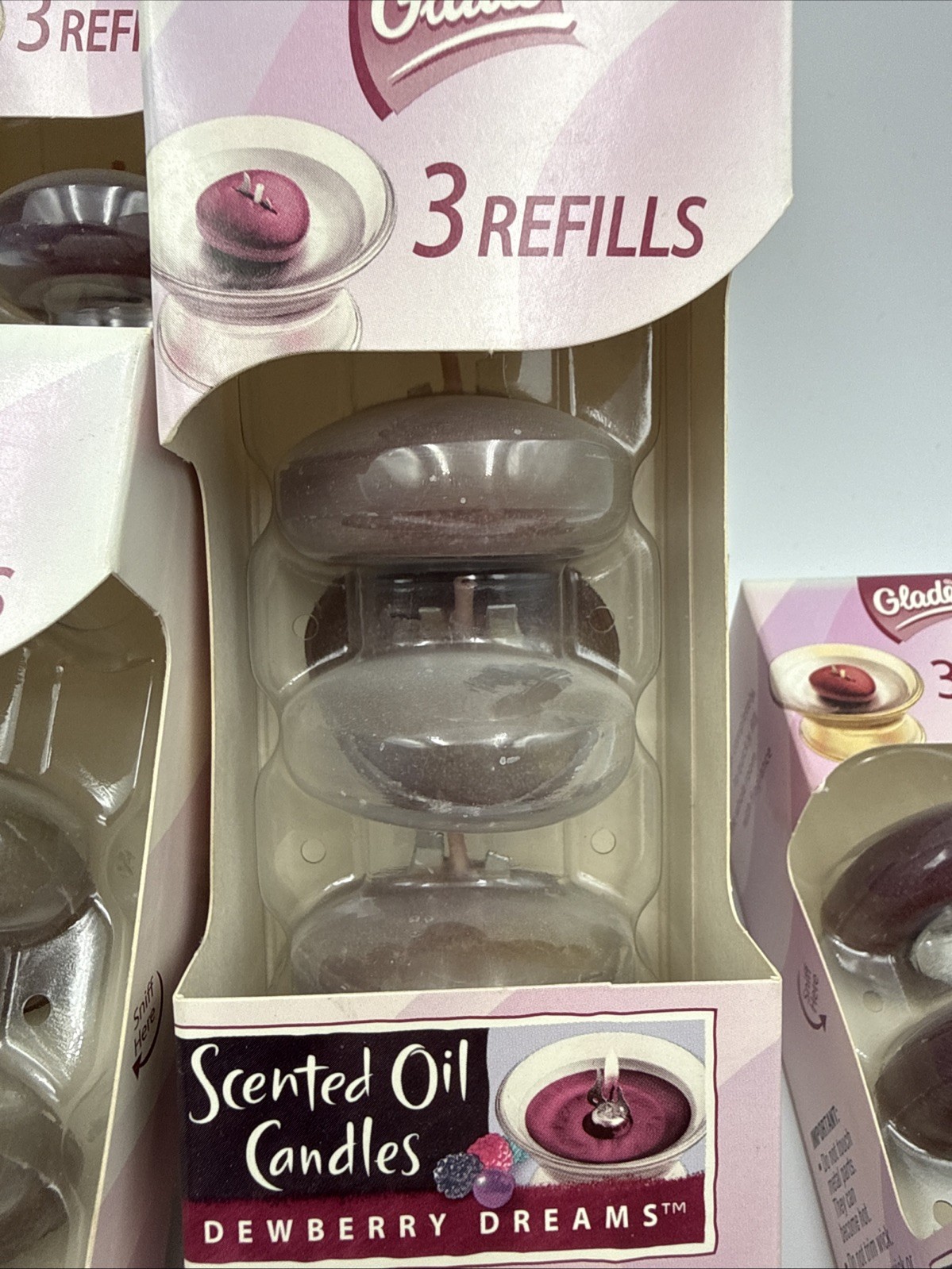 NOS Glade Scented Oil Candles Unit And Refills 5 Packs of 3 Refills Dewberry