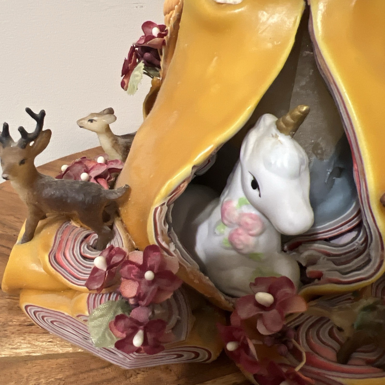 Vintage Candle Woodland Sculpted Tree Stump Elf Deer Owls Hand Carved Wax Art