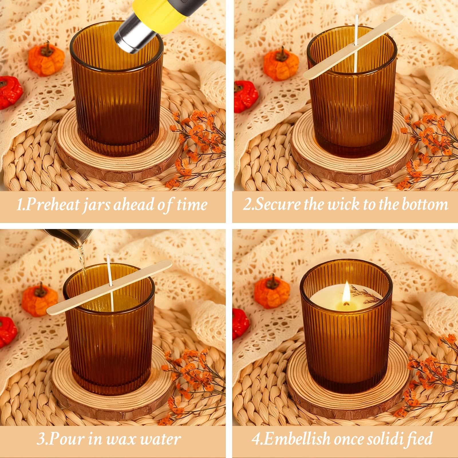 CONNOO 16pcs Ribbed Candle Glass Jars with Natural Bamboo Amber 7oz ribbed