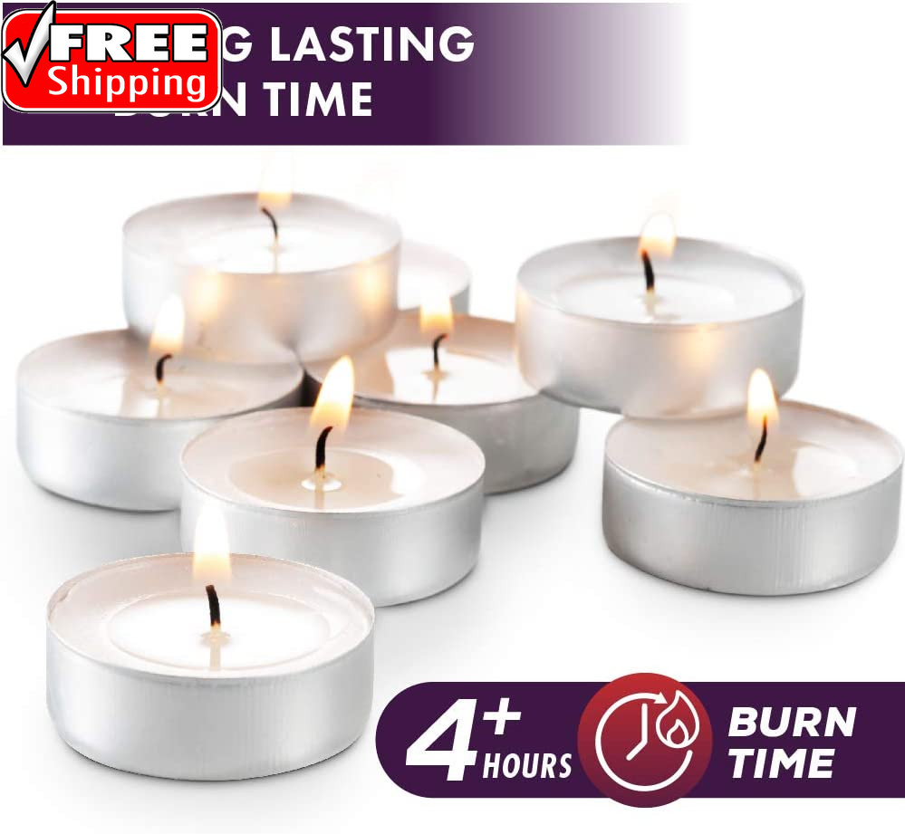 Unscented Tea Light Candles 100 Pack | 4 Hours, White, Smokeless, Dripless Small