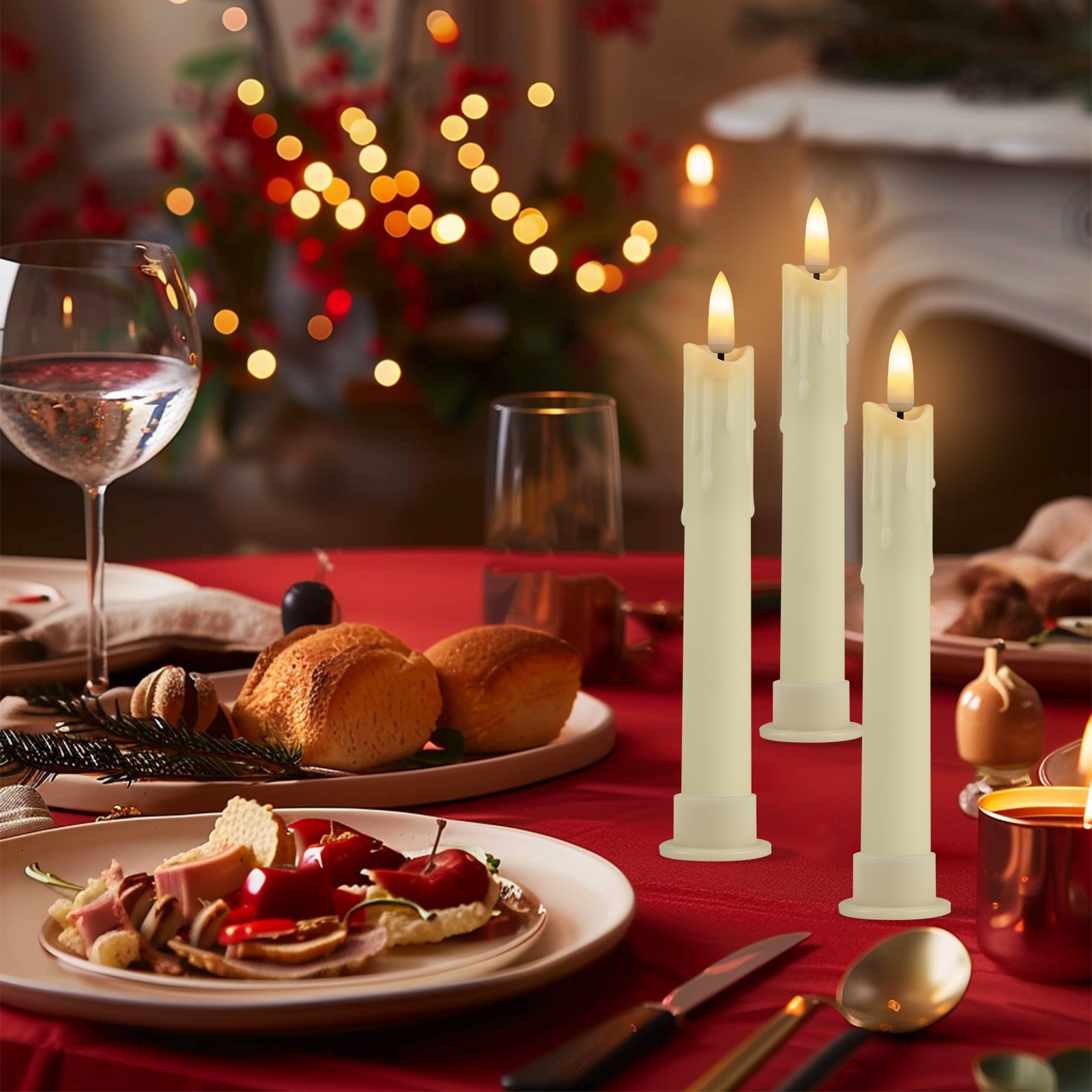 Set of 6 LED Flameless Flickering Taper Candles light with Holders Timer Remote