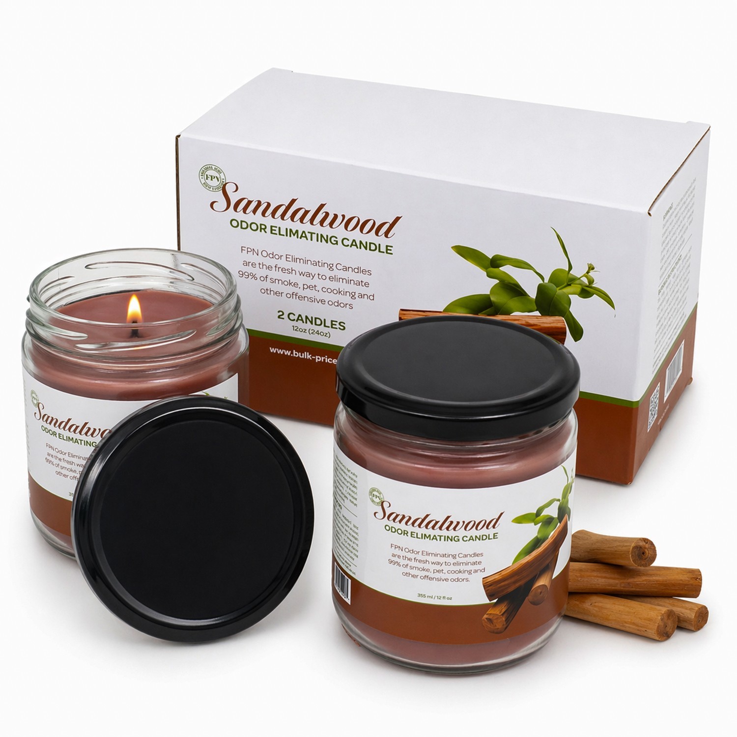 FPN Smoke Scented Odor Eliminating Candles Natural Soy Wax Candle Sandalwood-2Ct