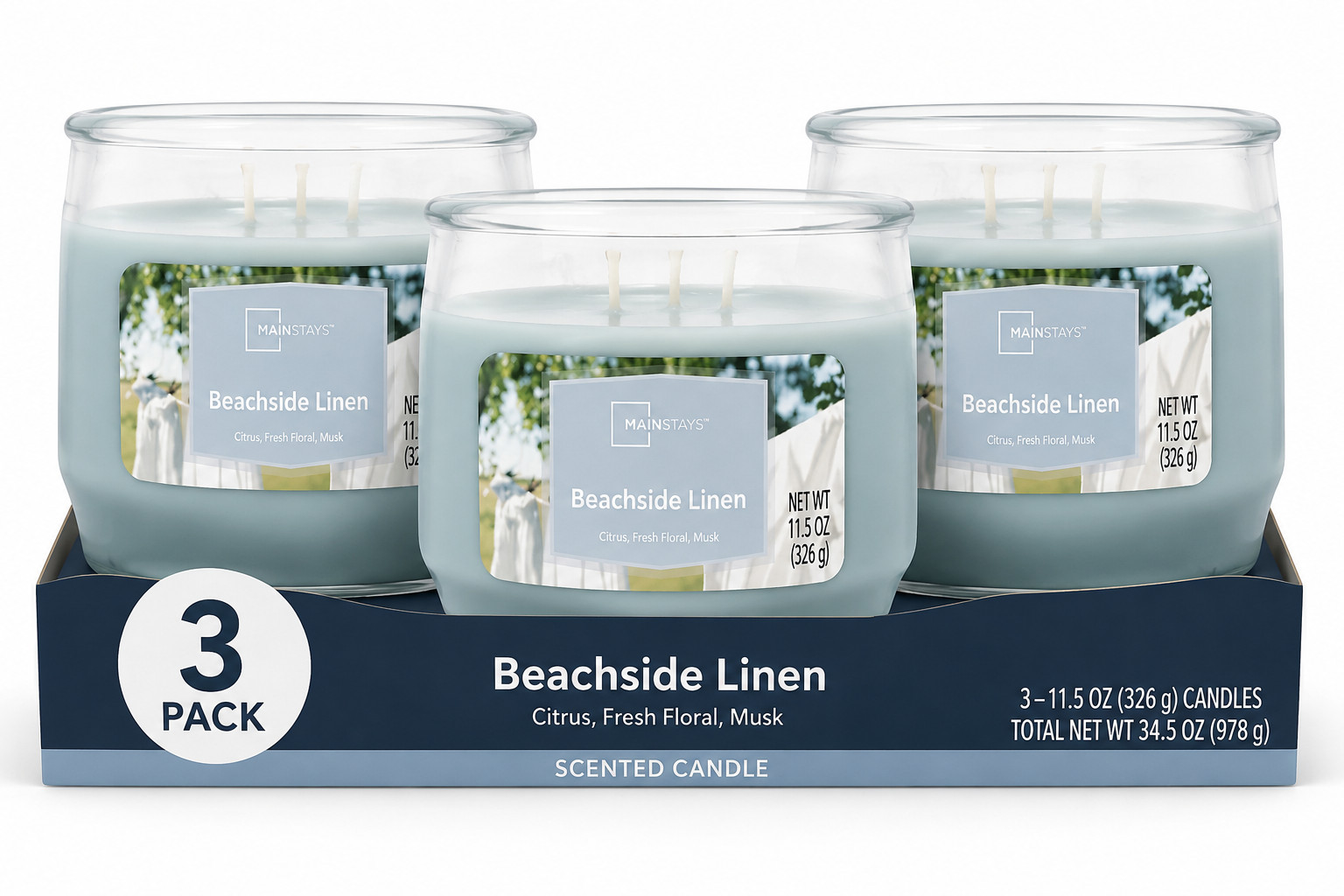 3 Pack Beachside Linen Scented 3-Wick Jar Candles 11.5oz FREE SHIP IN 2 DAYS….